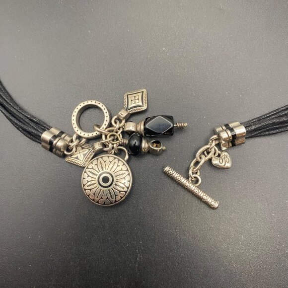 Signed Brighton Black Cord Necklace Multi Silver Plated Charms Toggle Clasp 17" - Picture 6 of 7